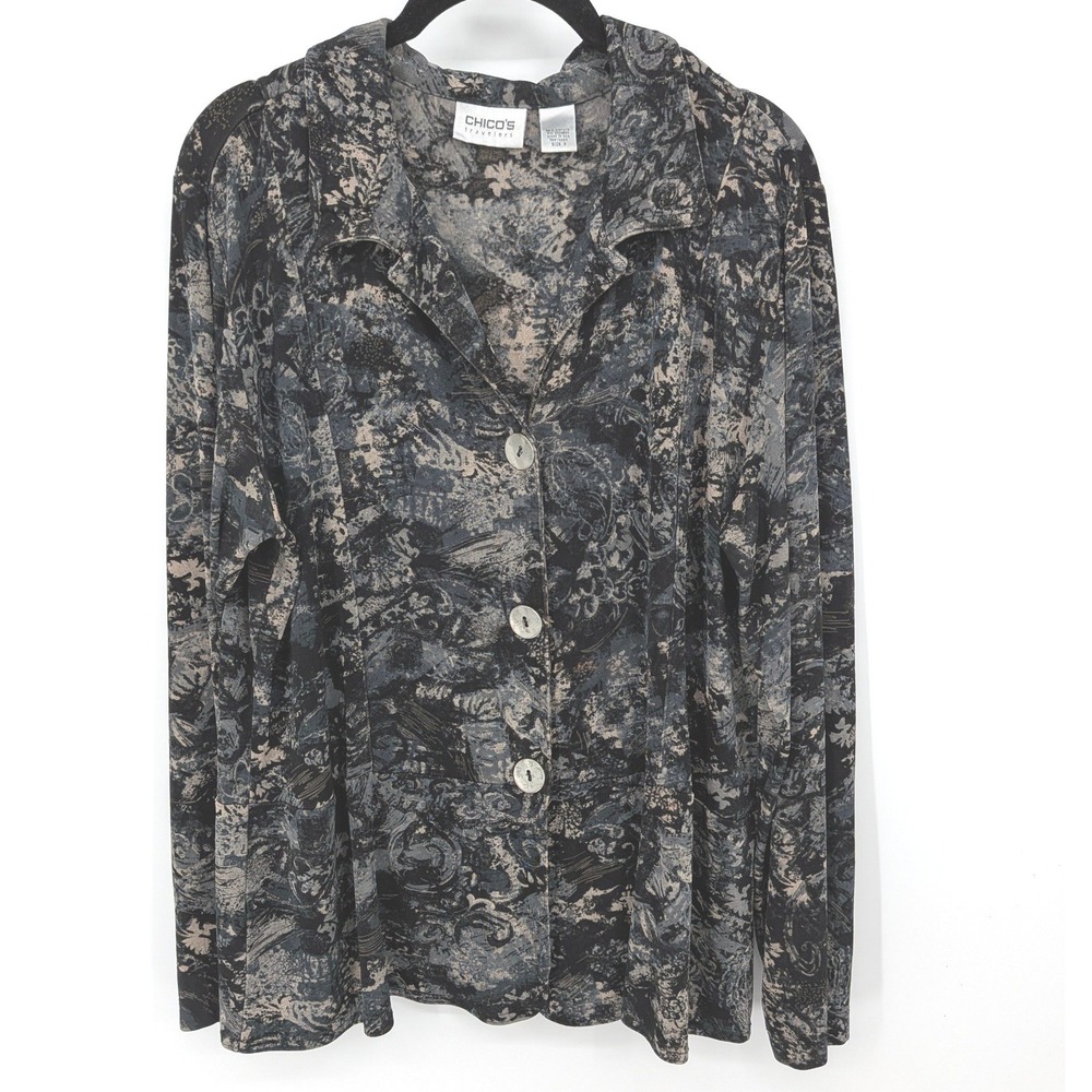 Chicos Travelers Top Women XL Grey Black Abstract Button Down Contemporary